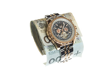 Image showing Luxury gold watch around polish banknotes