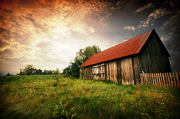 Image showing sunset by an old barn