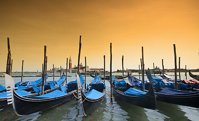 Image showing Parked gondolas in Venice, Italy