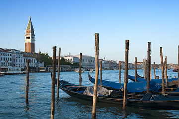 Image showing Gondolas and St Mark's Campanile, Venice, Italy