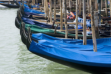 Image showing Parked gondolas in Venice, Italy