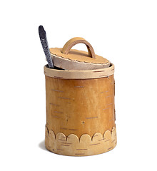 Image showing barrel of the honey with spoon on white background