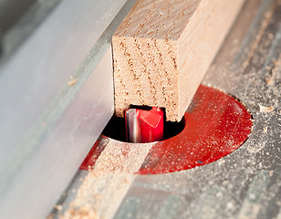 Image showing Macro shot of router bit cutting into wood