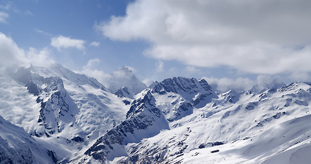 Image showing Mountains panorama. View from the ski slope.