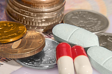 Image showing coins and pills close up