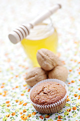 Image showing muffins with walnuts and honey