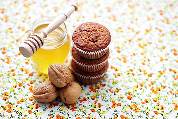 Image showing muffins with walnuts and honey