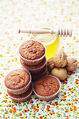 Image showing muffins with walnuts and honey