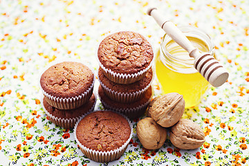 Image showing muffins with walnuts and honey