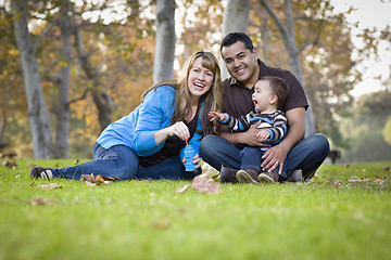 Image showing Happy Mixed Race Ethnic Family Playing with Bubbles In The Park