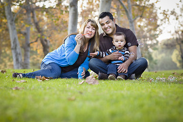 Image showing Happy Mixed Race Ethnic Family Playing with Bubbles In The Park