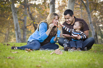 Image showing Happy Mixed Race Ethnic Family Playing with Bubbles In The Park