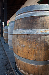 Image showing Barrels by old saloon in San Diego