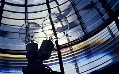 Image showing Old lighthouse bulbs and fresnel lens