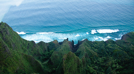 Image showing Aerial view down the Na Pali coastline in Kauai