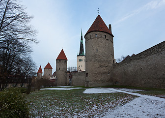 Image showing Four towers of town wall of Tallinn