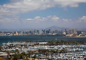 Image showing San Diego Skyline over yachts in harbor