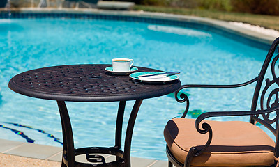 Image showing Breakfast by the pool on sunny day