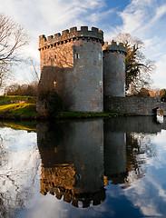 Image showing Whittington Castle in Shropshire reflecting on moat