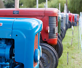 Image showing Row of old tractors