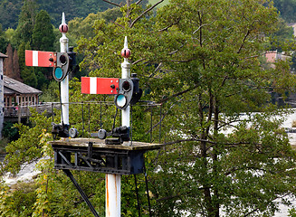 Image showing Old railway semaphore signals at Llangollen station