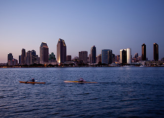 Image showing San Diego skyline on clear evening with kayaks