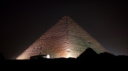 Image showing Colored lights illuminate Sphinx and Pyramids