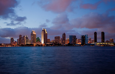 Image showing Orange clouds reflect light from San Diego Skyline