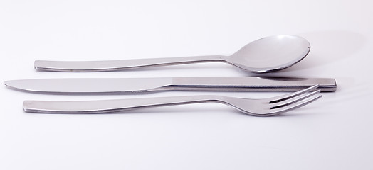 Image showing Modern stainless steel knife fork and spoon