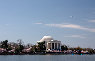 Image showing Plane taking off over Jefferson Memorial