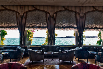 Image showing Hotel lounge and lake view