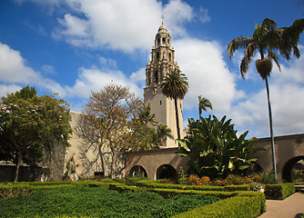 Image showing California Tower from Alcazar Gardens in Balboa Park