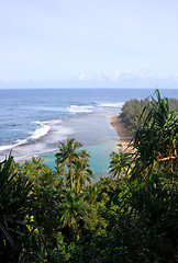 Image showing Ke'e beach with green trees and palms in foreground