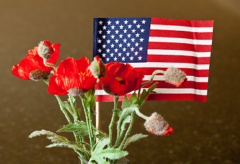 Image showing American Flag with red flowers