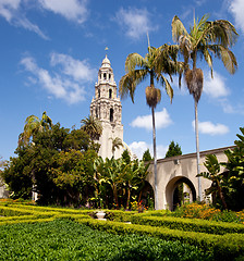 Image showing California Tower from Alcazar Gardens in Balboa Park