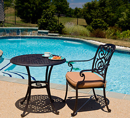 Image showing Breakfast by the pool on sunny day