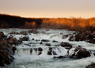 Image showing Sun sets behind Great Falls near Washington