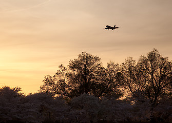 Image showing Aircraft landing at Reagan National airport at sunset