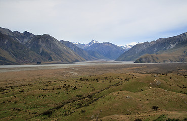 Image showing Mount Cook over a grassy plain