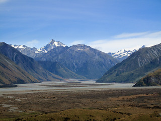 Image showing Mount Cook over a grassy plain