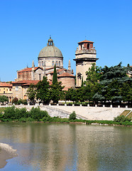 Image showing Old church over river Adige