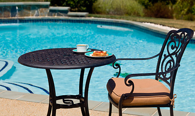 Image showing Breakfast by the pool on sunny day