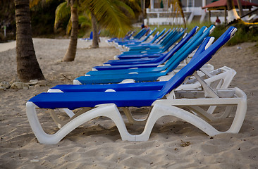 Image showing Row of loungers on beach