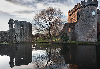 Image showing Whittington Castle in Shropshire reflecting on moat