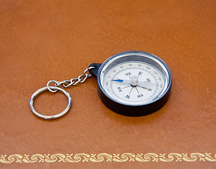 Image showing Old compass on leather desk