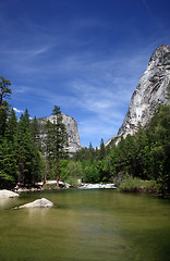 Image showing View of Yosemite valley reflected in Mirror Lake