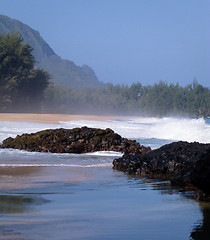 Image showing Waves over rocks on Lumahai