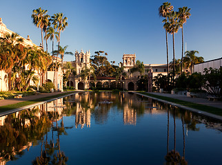 Image showing Casa de Balboa and House of Hospitality at sunset