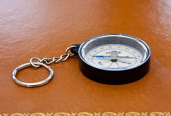 Image showing Old compass on leather desk