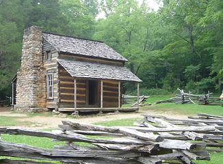 Image showing  Primitive wooden building in rustic forest setting